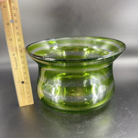 Blenko Art Glass Bowl Planter Flower Pot Hand Blown Green Clear Lines Round Vtg - Picture 4 of 16
